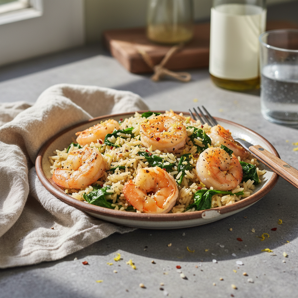 10-Minute Lemon Garlic Shrimp Rice Skillet