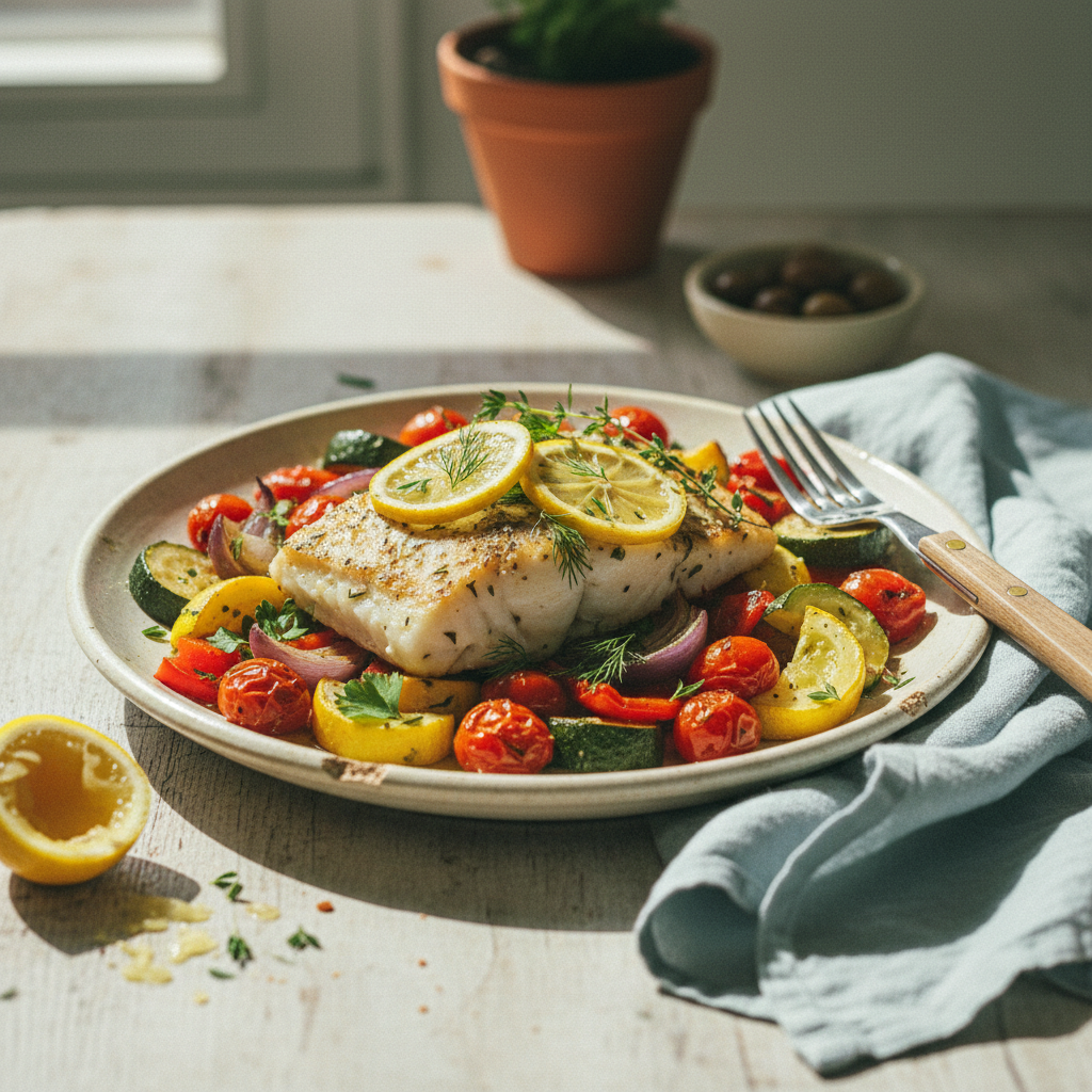 Paleo Lemon Herb Cod with Roasted Mediterranean Veggies