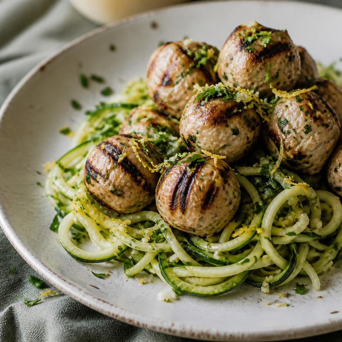 Grilled Lemon Herb Turkey Meatballs with Zucchini Noodles