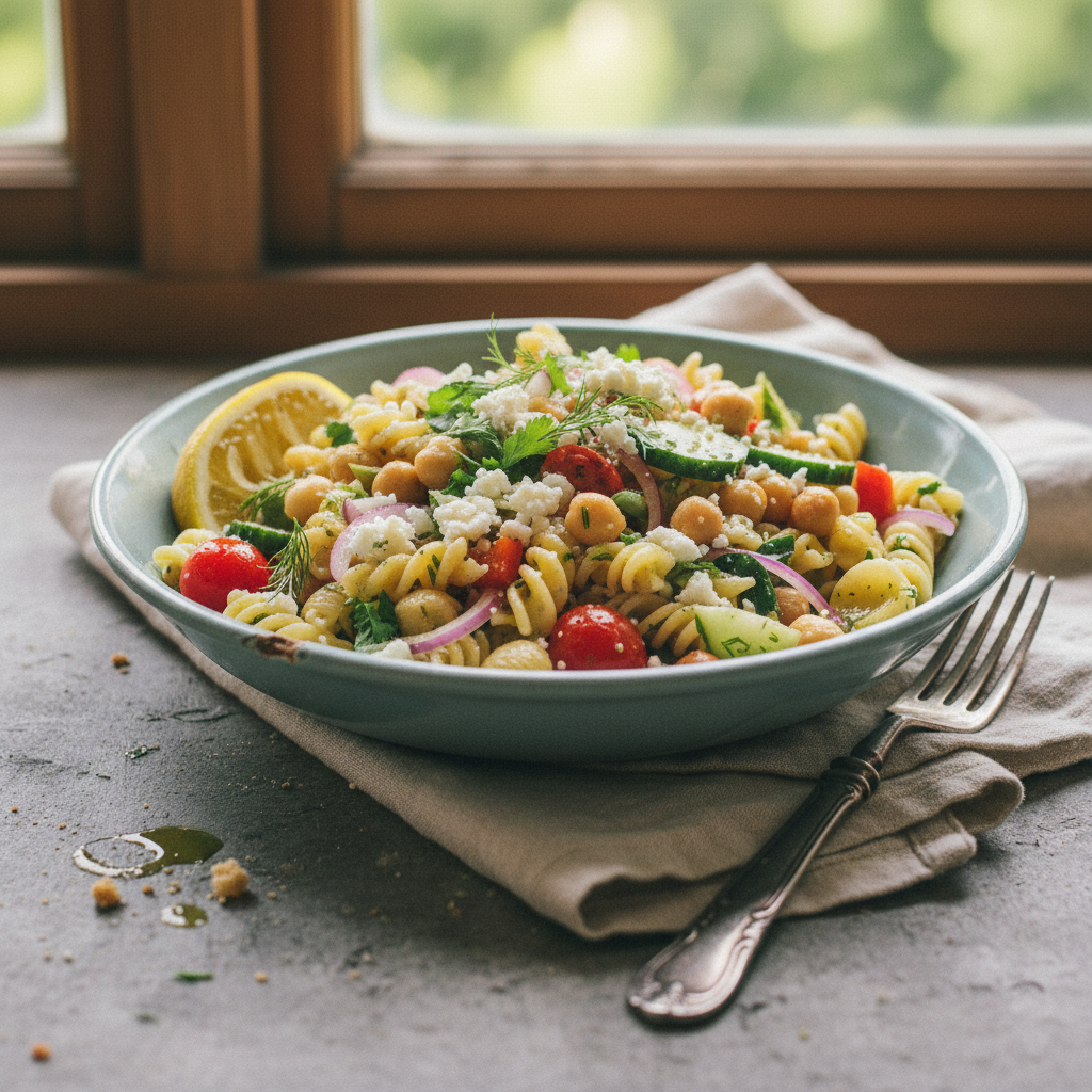 Picnic Pasta Salad with Chickpeas, Feta, and Herbs